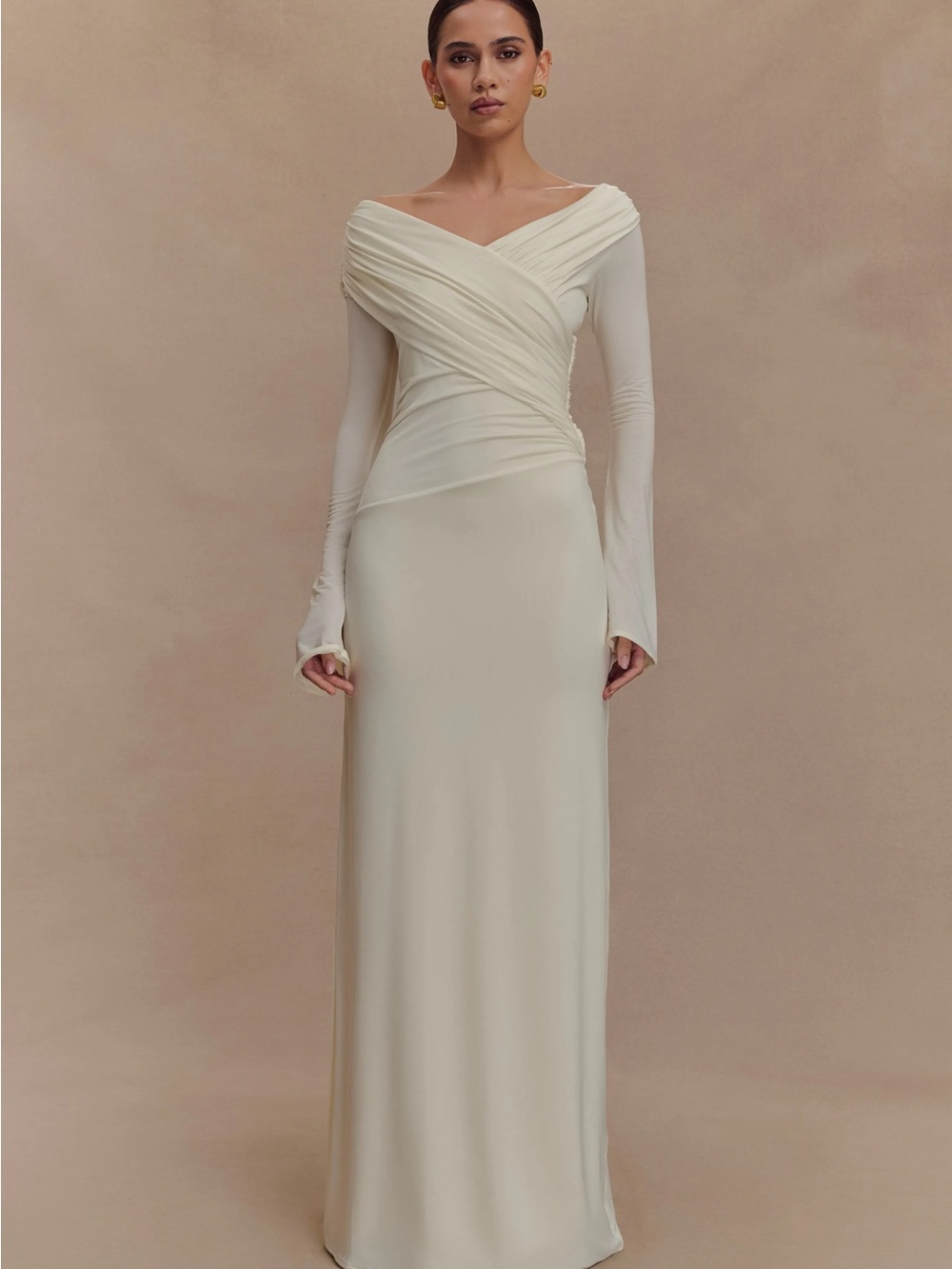 Meshki Cream Draped Off-Shoulder Maxi Dress